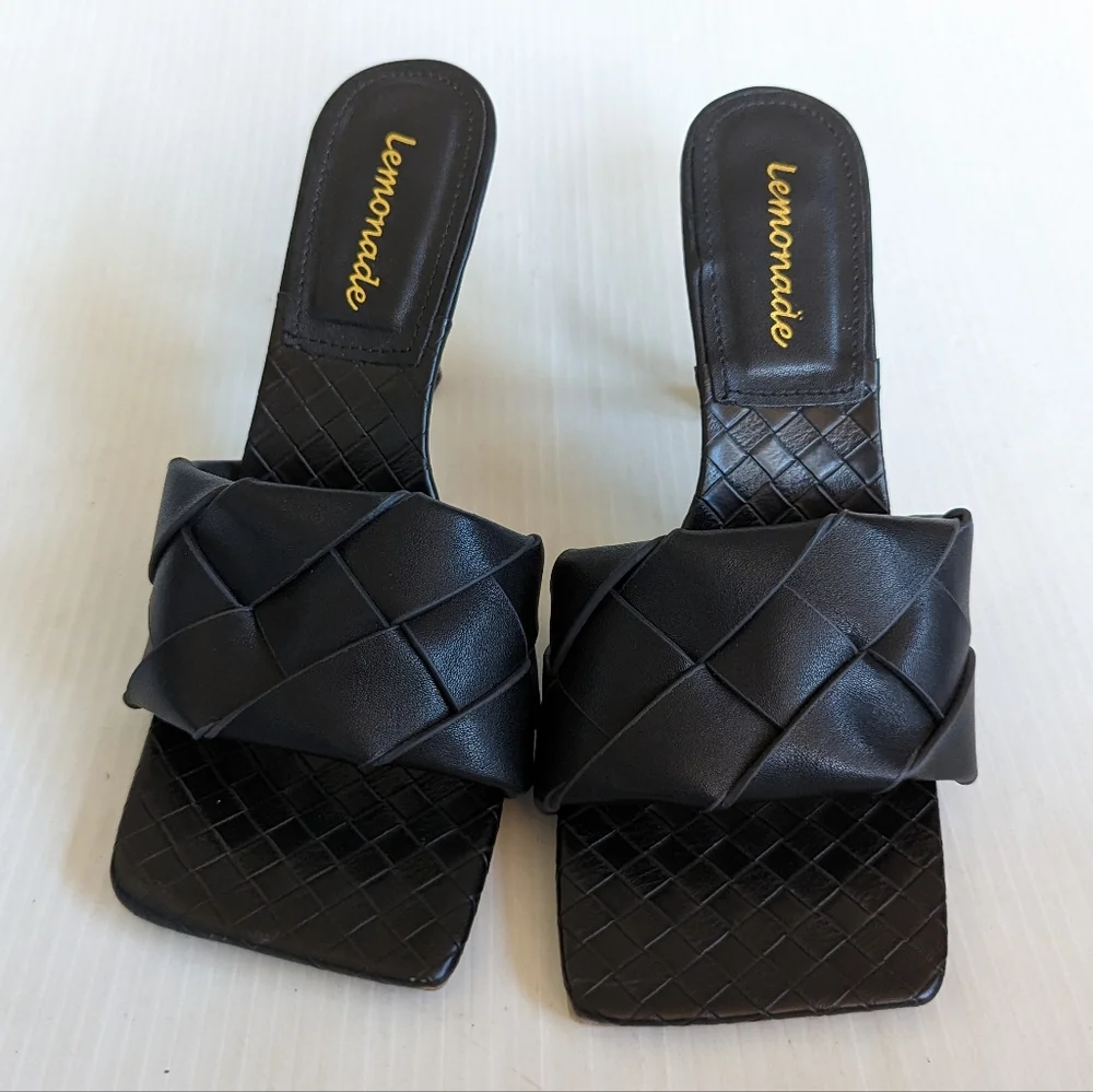 LEMONADE Turnitup black braided strap square toe stiletto heel sandals